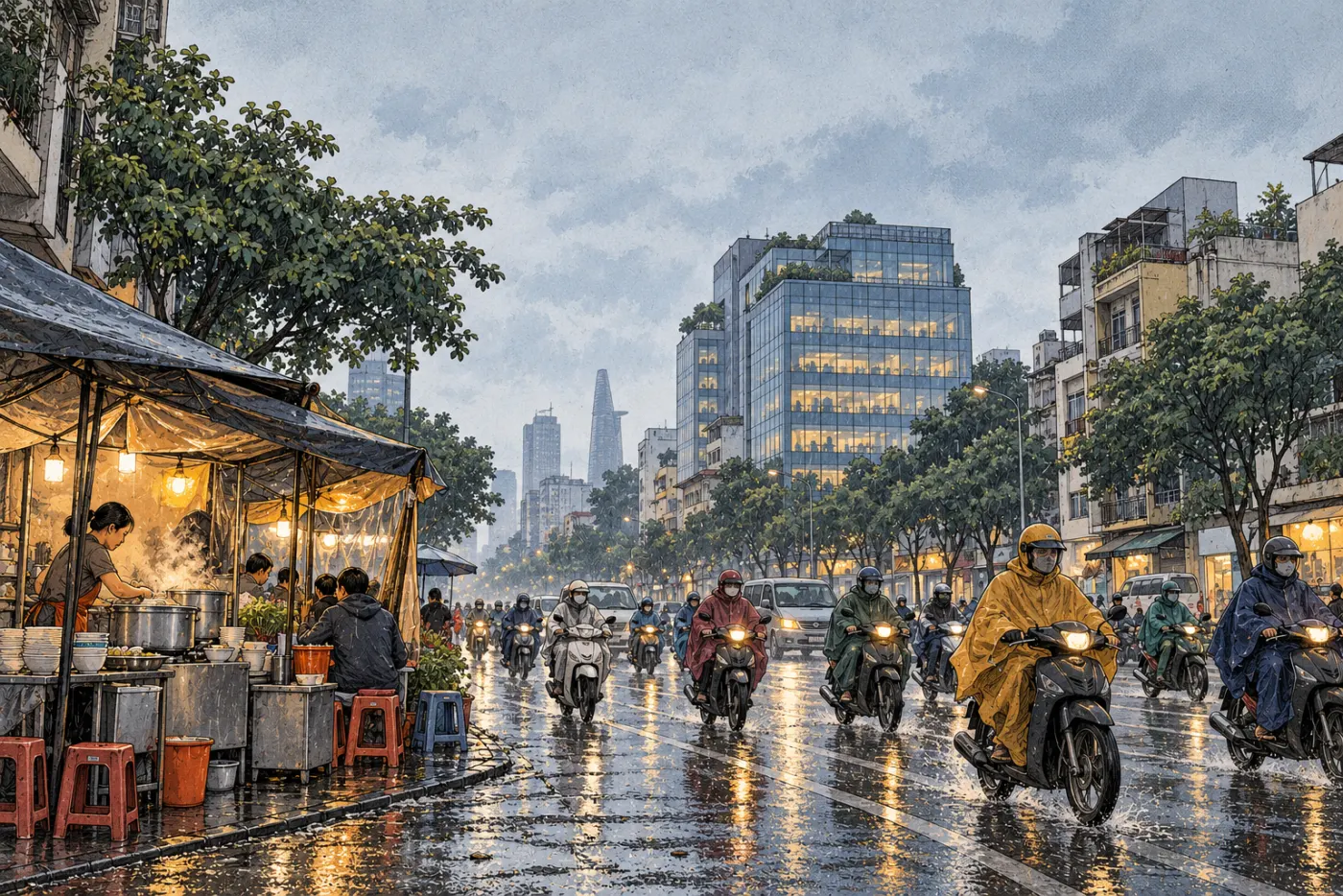 Phố Sài Gòn buổi sáng mùa mưa, dòng xe máy, tòa văn phòng kính phía xa.