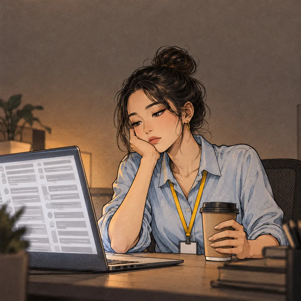 Mai chống cằm chán nản trước màn hình chat AI đầy chữ chung chung.