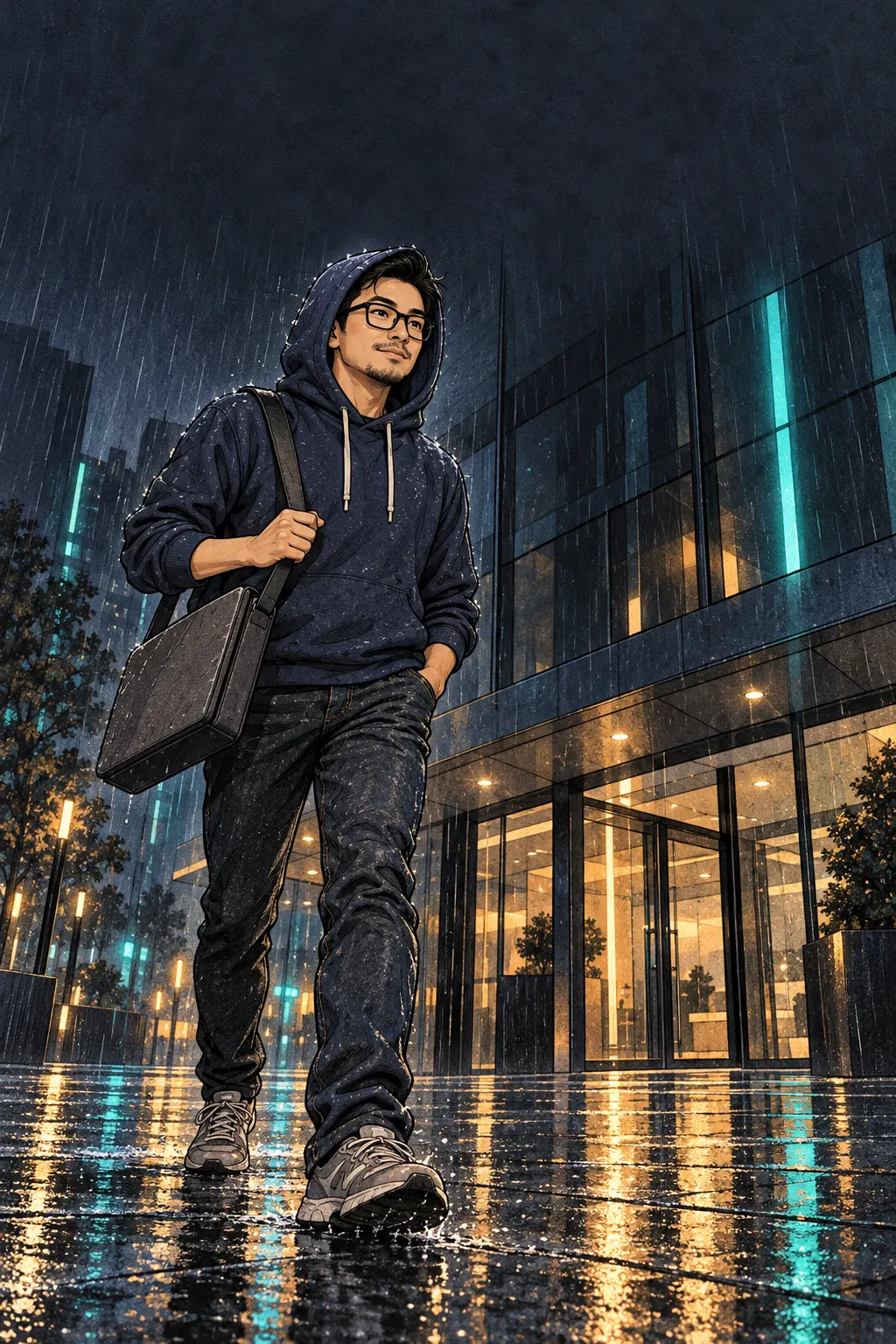 Sếp trùm mũ áo hoodie bước ra khỏi tòa nhà trong mưa đêm.