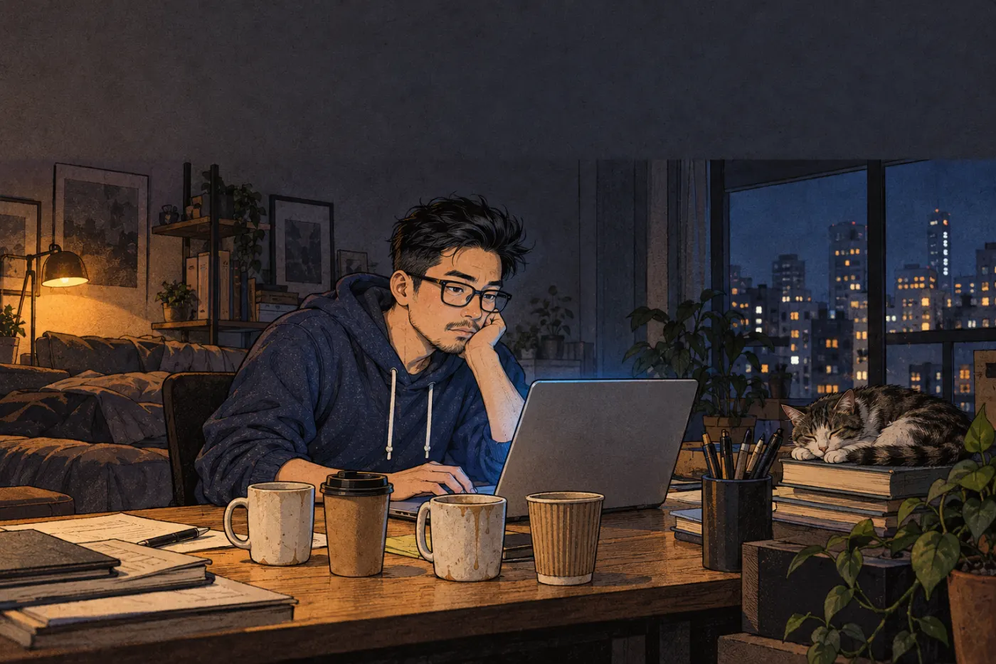 Căn hộ lúc hai giờ sáng, sếp cúi bên laptop, bốn ly cà phê rỗng, con mèo ngủ trên chồng sách.