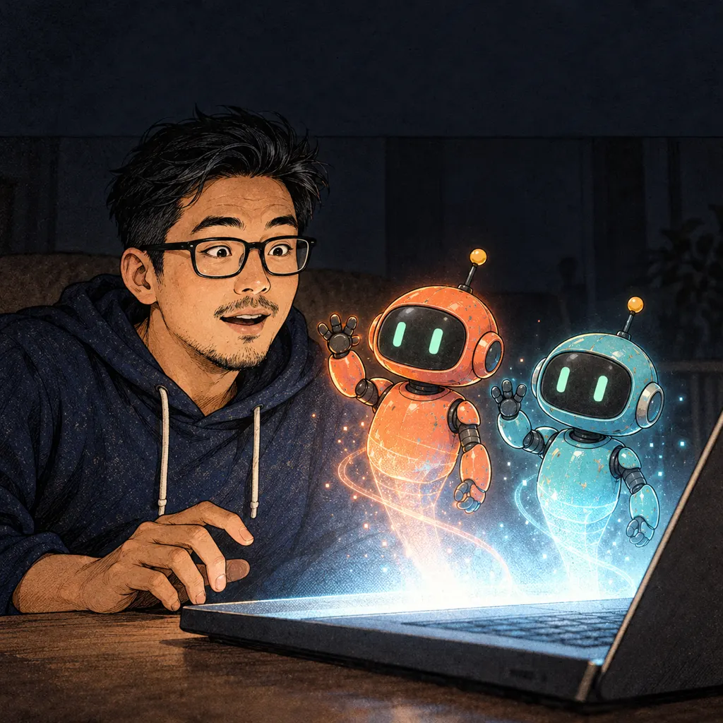 Hai robot cam và xanh hiện ra từ ánh sáng màn hình laptop, vẫy tay chào sếp.