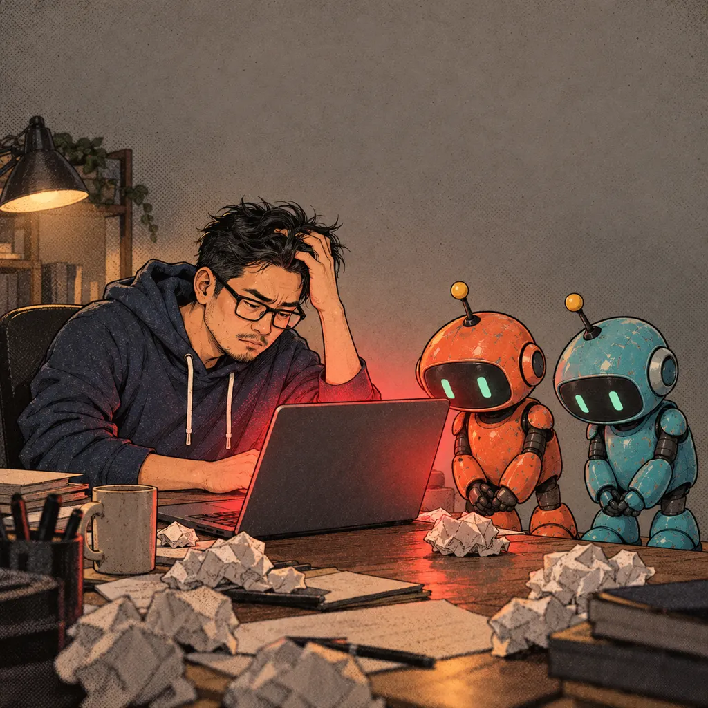 Sếp vò đầu trước màn hình đỏ báo lỗi, giấy vo tròn khắp bàn, hai robot ngượng ngùng.