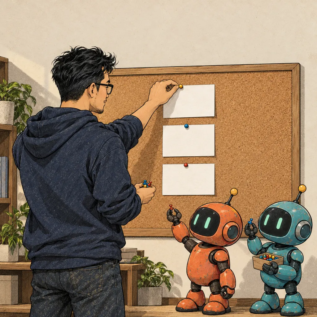 Sếp ghim ba tấm thẻ trắng thành một cột trên bảng gỗ bần, hai robot đưa đinh ghim.