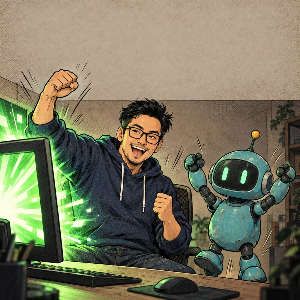 Sếp giơ nắm đấm ăn mừng trước màn hình xanh lá, robot xanh giơ hai tay reo.
