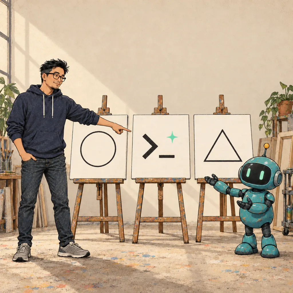 Robot xanh giới thiệu ba bức tranh logo trên giá vẽ, sếp chỉ vào bức ở giữa.