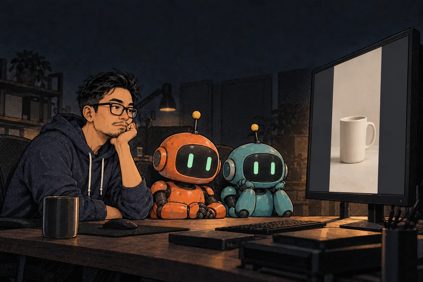 Phòng dựng tối, sếp và hai robot xem một video dọc nhạt nhẽo trên màn hình lớn.