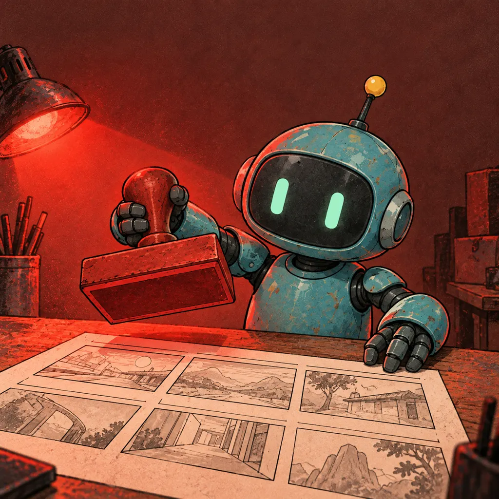 Robot xanh giơ con dấu đỏ to sắp đóng lên tờ storyboard, ánh đèn cảnh báo đỏ.