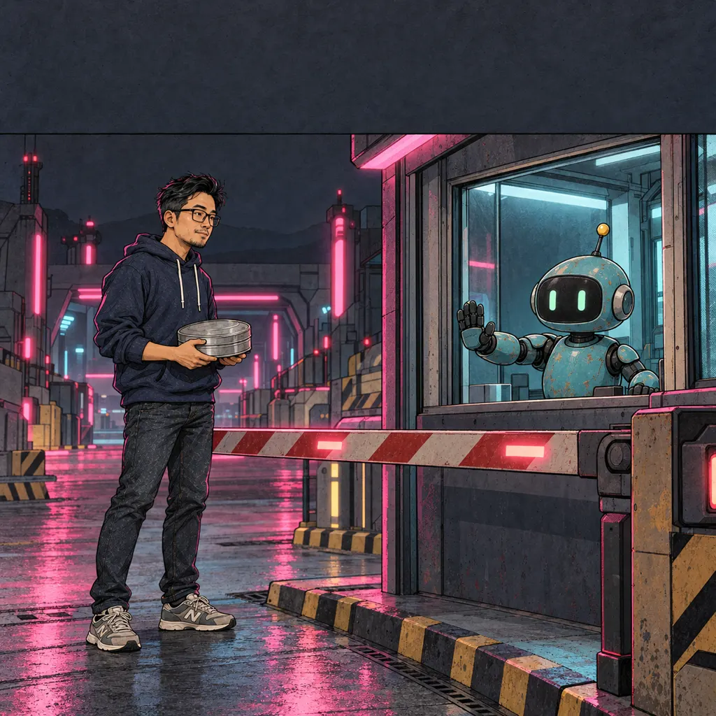 Trạm kiểm soát đèn neon hồng xanh, barie hạ xuống, robot gác giơ tay chặn.