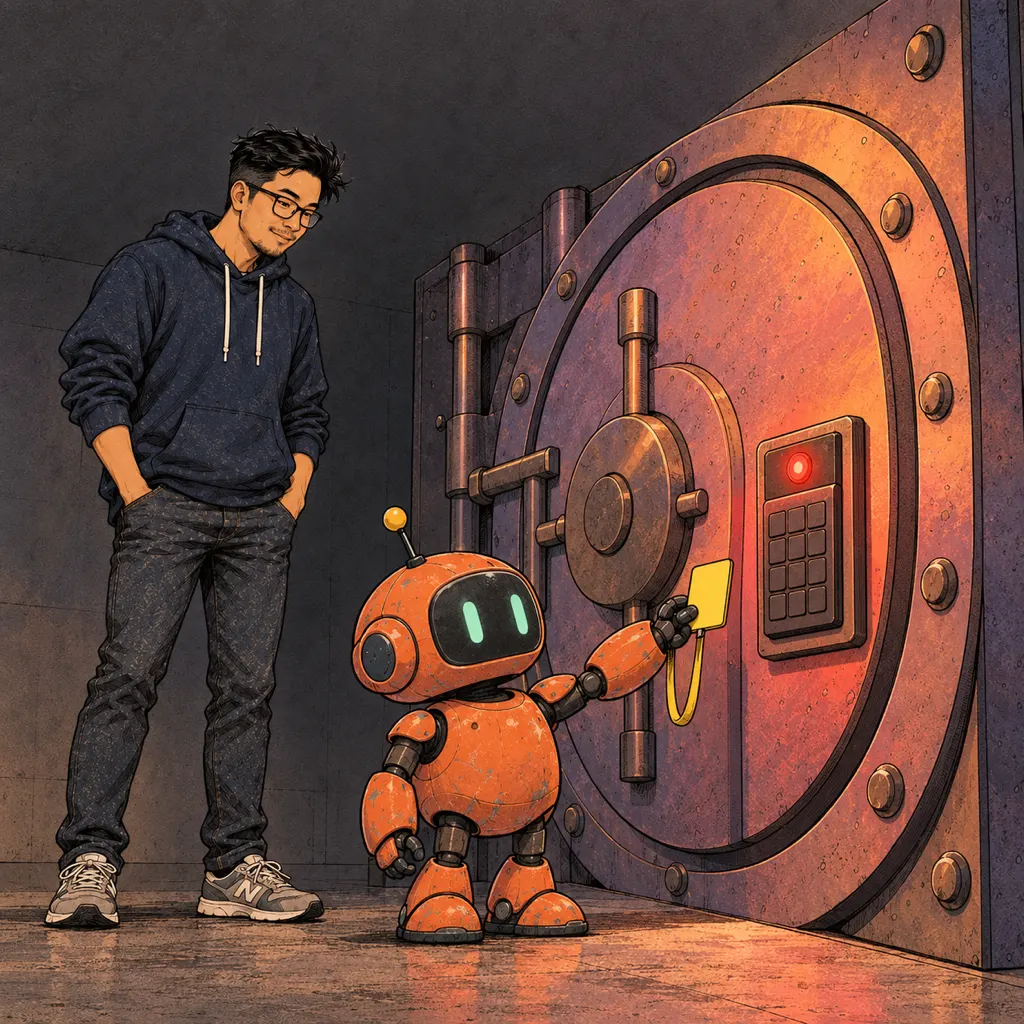 Cửa hầm sắt tròn màu hồng cam tím nháy đèn lỗi đỏ, robot cam giơ thẻ vàng về phía bàn phím.