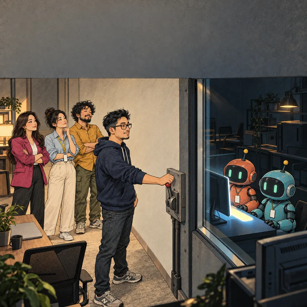 Căn phòng gương một chiều: robot đeo thẻ thấy bài đăng, người ngoài chỉ thấy tường trống. Sếp với tay kéo cần gạt.