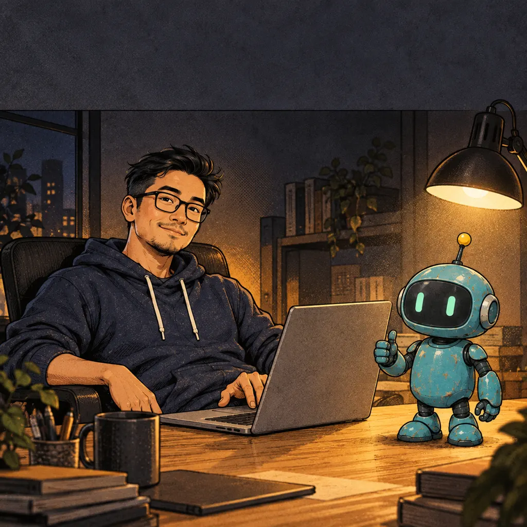 Sếp ngả lưng cười nửa miệng, gõ laptop một tay, robot xanh giơ ngón cái.