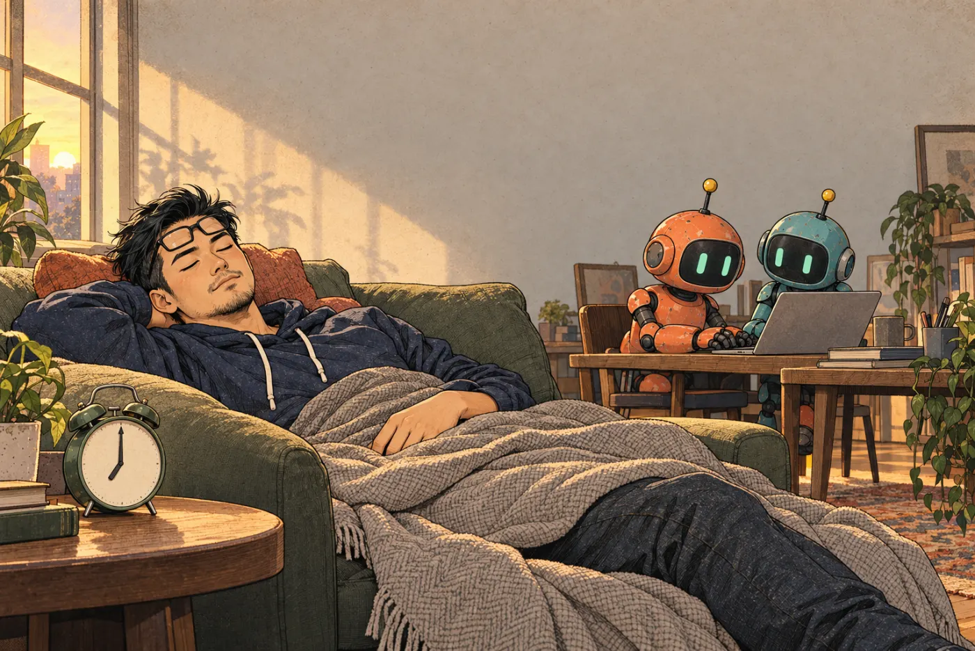 Ánh bình minh, sếp ngủ trên sofa, đồng hồ báo thức bảy giờ, hai robot làm việc bên laptop.