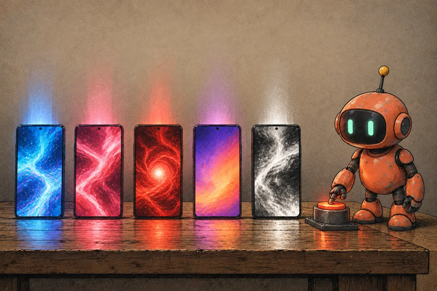 Năm chiếc điện thoại xếp hàng sáng màn hình nhiều màu, robot cam bấm nút tròn lớn.