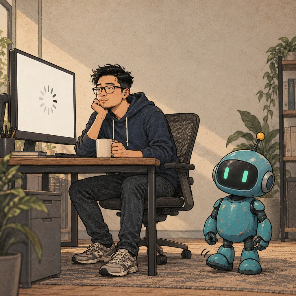 Sếp cầm cốc cà phê, mặt không cảm xúc, nhìn vòng tải xoay trên màn hình; robot xanh gõ chân chờ.