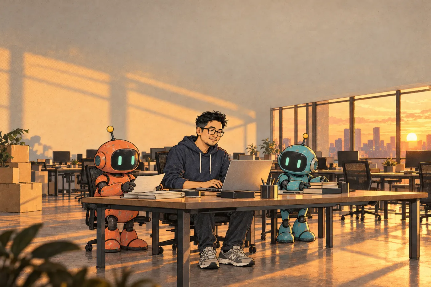 Văn phòng vắng lúc hoàng hôn, sếp ngồi với laptop và hai robot, vài thùng các-tông còn ở góc.